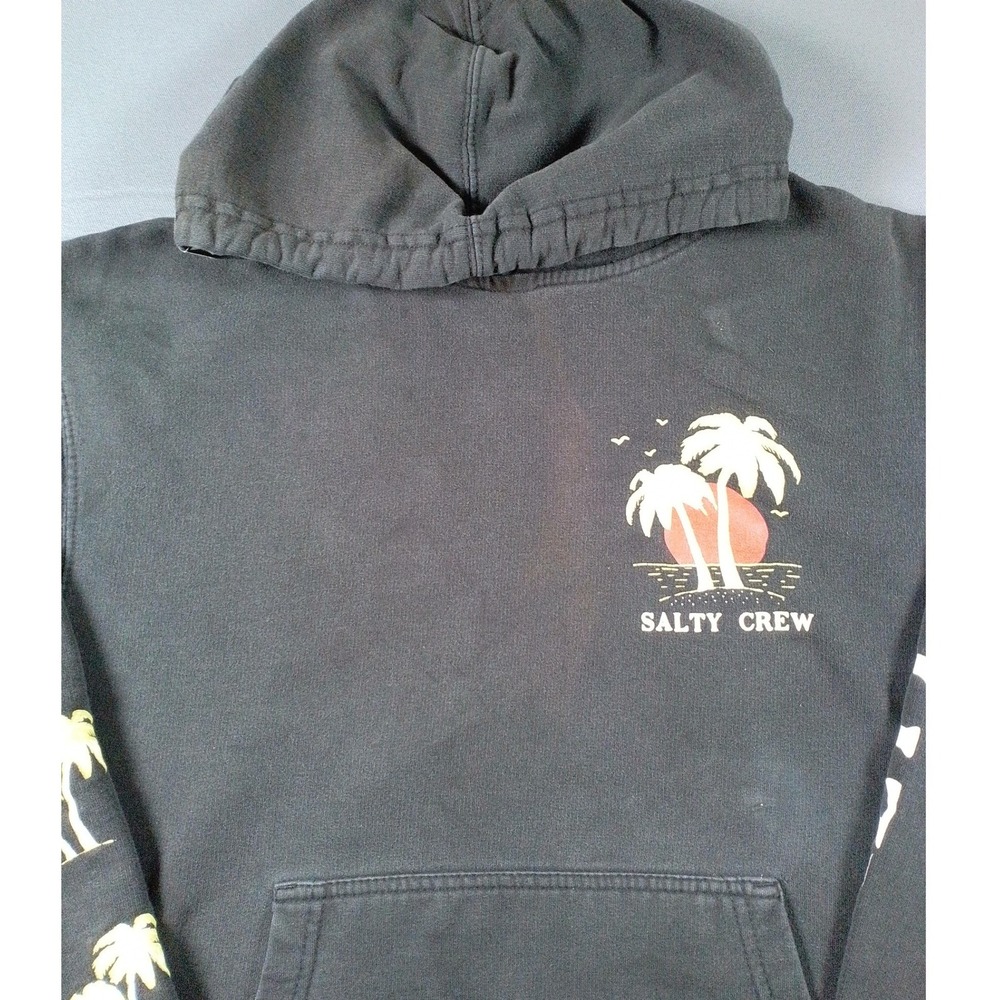 Salty Crew Mens Small Black Hoodie Twin Palms Surf Fishing Graphic Pullover Logo